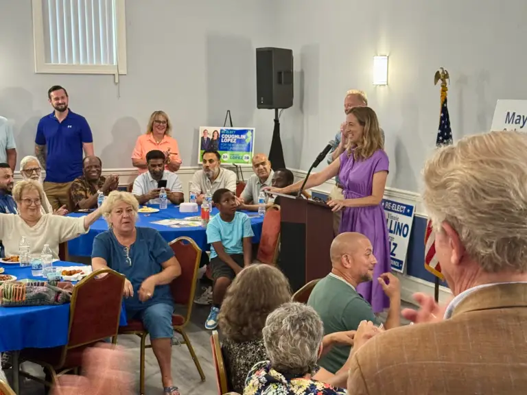 Mikie Sherrill addresses a packed Carteret VFW during a campaign event in July.