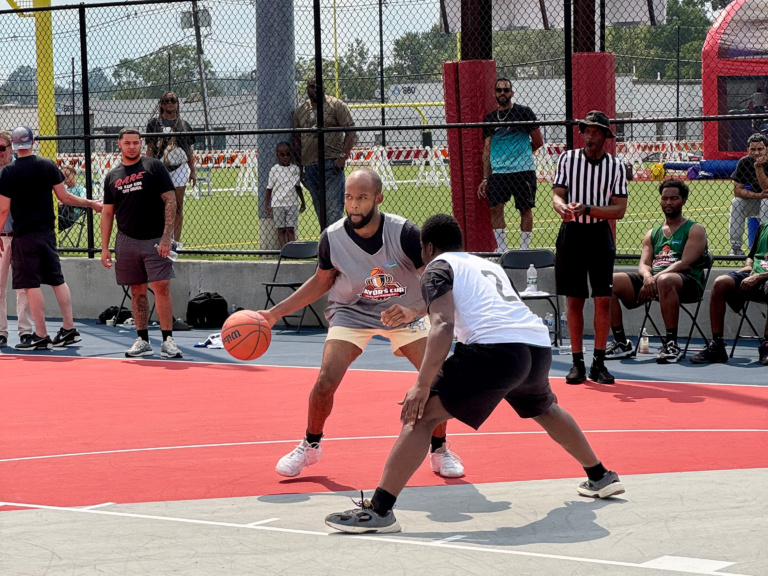 A Mayor’s Cup player dribbles against a defender during a 3-on-3 basketball game at Madden Field in Rahway.