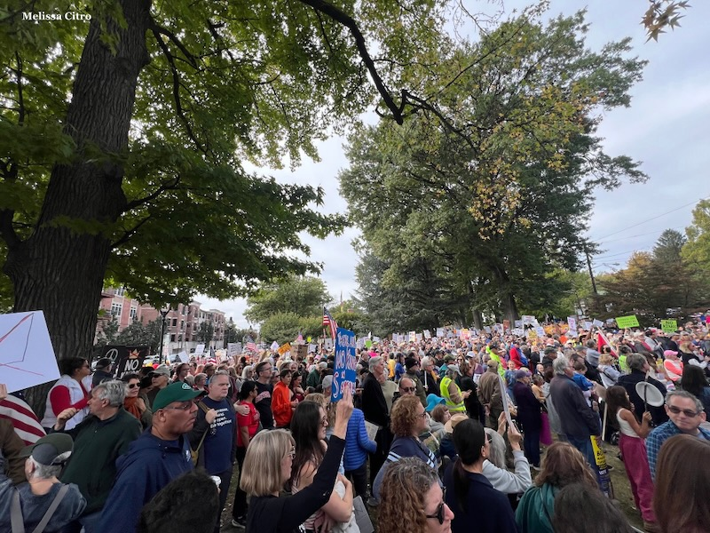 No Kings protesters holding signs in Maplewood, where Senator Andy Kim was the keynote speaker.