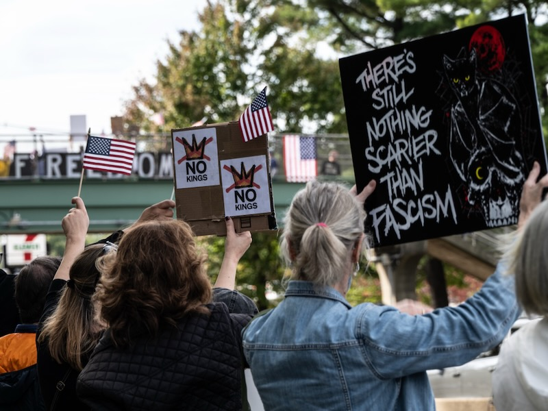 A long line of protesters stretches along the sidewalk beneath a “Defend Your Freedom” banner in Plainfield during the “No Kings” rallies.