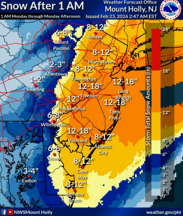 Blizzard Warning: Snow Routes, Towing, Trash Canceled Across Central Jersey 6 National Weather Service Mount Holly storm snowfall forecast map for Monday morning through Monday afternoon issued February 23, 2026 showing 12 to 18 inches across Central Jersey and along the Jersey Shore.