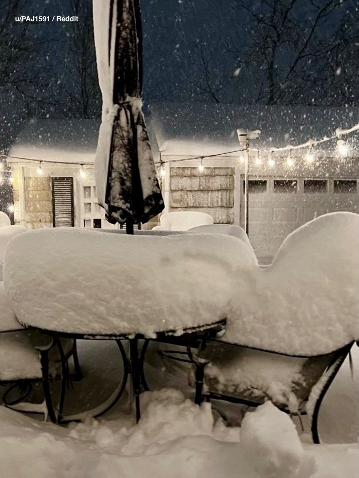 Blizzard Warning: Snow Routes, Towing, Trash Canceled Across Central Jersey 5 Backyard patio furniture buried in snow during Union County NJ blizzard February 2026