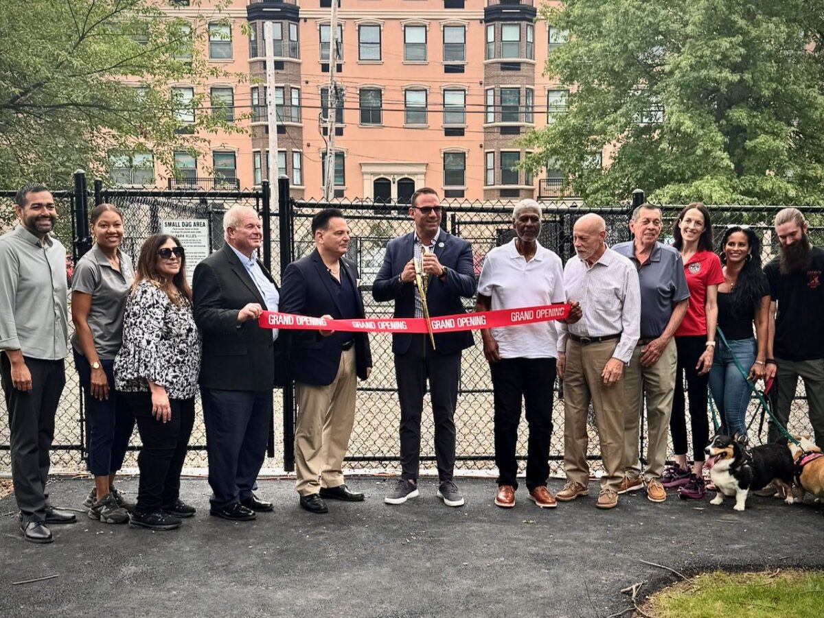 State, county, and local leaders in Rahway at a ribbon cutting for the city's first dog park, Wheatena Park.